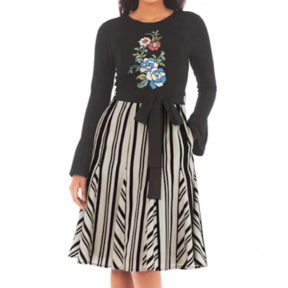 Eshakti Floral Embroidered Striped Fit Flare Dress Long Sleeve Black Medium 8